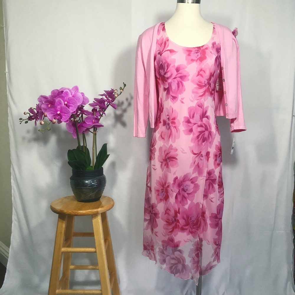 Pink floral cardigan and flowy midi/maxi dress